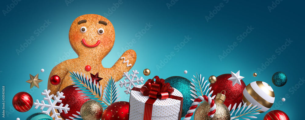 3d gingerbread man cookie, Christmas ornaments, balls, gift box, isolated on blue background. Blank banner, greeting card template, commercial poster mockup. Winter holiday concept. Wide size 3d gingerbread man cookie, Christmas ornaments, balls, gift box, isolated on blue background. Blank banner, greeting card template, commercial poster mockup. Winter holiday concept. Wide size