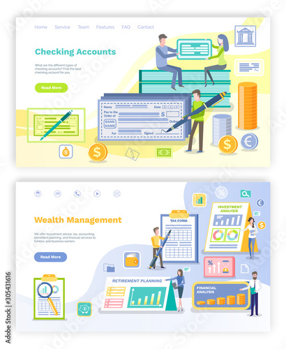 Wealth management vector, checking accounts with man signing check with big pen, form for financial transaction, woman clipboard planning. Website or webpage template, landing page flat style