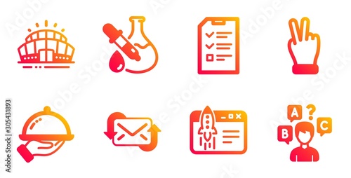 Refresh mail, Interview and Chemistry experiment line icons set. Restaurant food, Start business and Victory hand signs. Arena stadium, Quiz test symbols. New e-mail, Checklist file. Vector