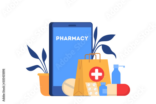 Vector illustration of online pharmacy store. Medicines online