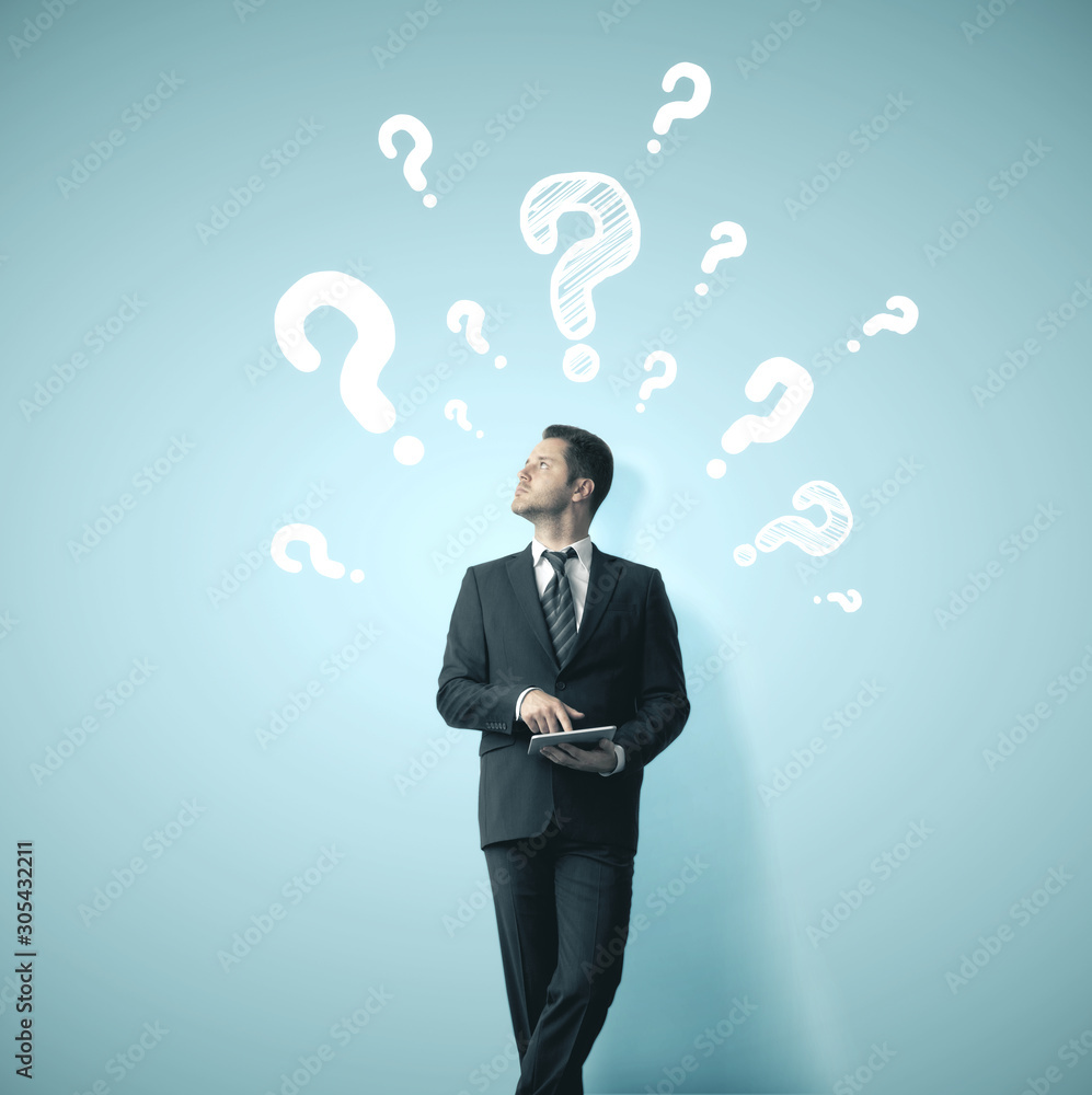 Question mark sketch headed businessman Question mark sketch headed businessman
