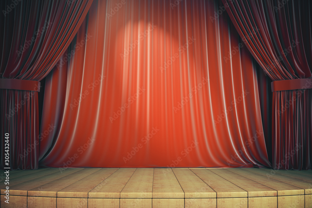 Wooden stage with red curtains - obrazy, fototapety, plakaty 