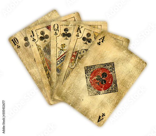 Принти на полотні Royal flush of Vintage clubs cards - isolated on white