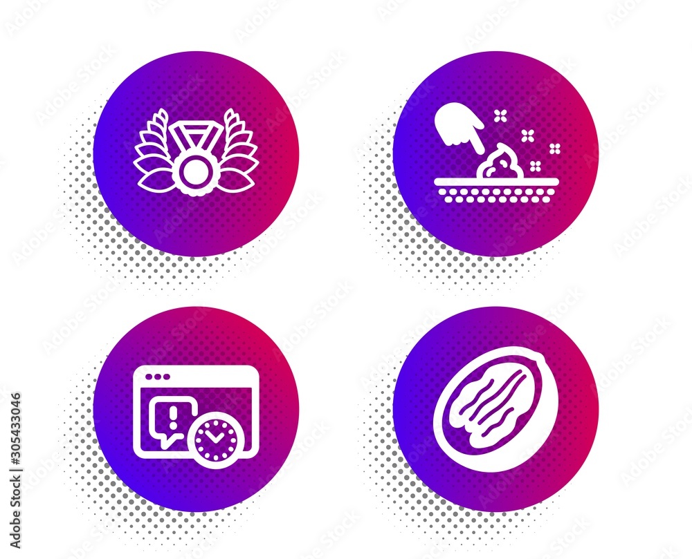 Project deadline, Laureate medal and Skin moisture icons simple set. Halftone dots button. Pecan nut sign. Time management, Laurel wreath, Wet cream. Vegetarian food. Business set. Vector