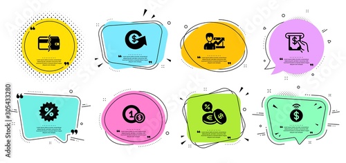 Currency exchange, Dollar exchange and Contactless payment line icons set. Chat bubbles with quotes. Discount, Payment methods and Success business signs. Atm service, Usd coins symbols. Vector
