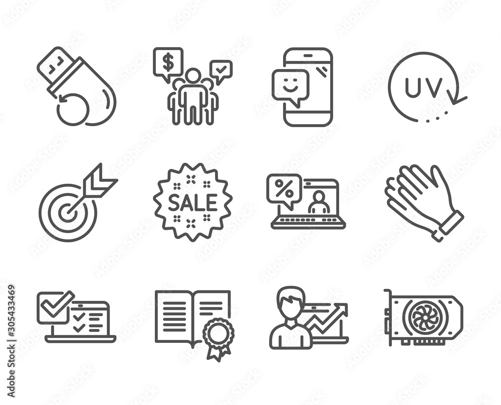 Set of Business icons, such as Smile, Gpu, Sale, Success business, Online survey, Target, Online loan, Teamwork, Diploma, Clapping hands, Flash memory, Uv protection line icons. Smile icon. Vector