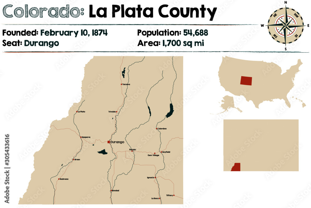 Large and detailed map of La Plata county in Colorado, USA.