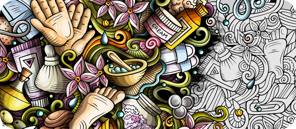 Massage hand drawn doodle banner. Cartoon detailed illustrations.
