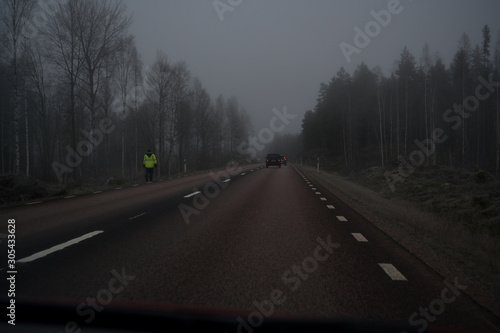 foggy evening road through a forest in Varmland Sweden