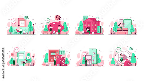 Bank concept illustration set. Idea of financial planning, money investment