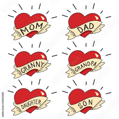 Old School Tattoo vector set isolated on white background. Heart with ribbon and the words mom, dad, daughter, son, grandpa and grandnny.
