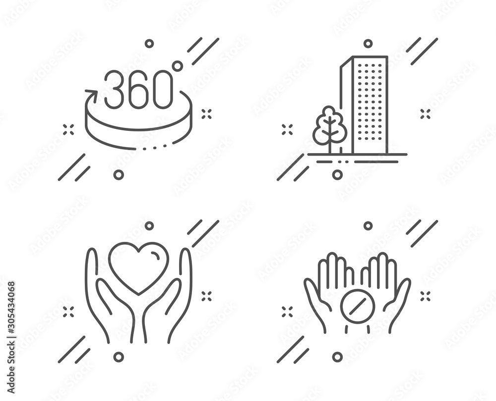 Fototapeta premium Hold heart, Buildings and 360 degrees line icons set. Medical tablet sign. Friendship, City architecture, Full rotation. Medicine pill. Business set. Line hold heart outline icon. Vector