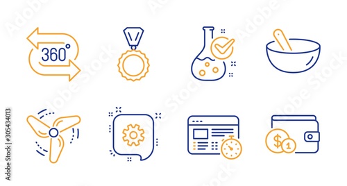 360 degree, Chemistry lab and Cogwheel line icons set. Wind energy, Web timer and Medal signs. Cooking mix, Buying accessory symbols. Virtual reality, Laboratory flask. Business set. Vector