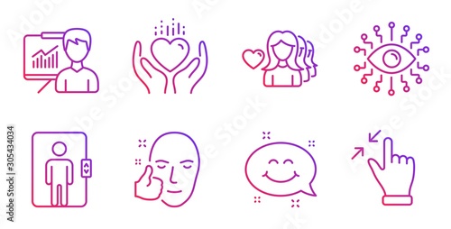 Elevator, Healthy face and Artificial intelligence line icons set. Hold heart, Presentation and Smile chat signs. Woman love, Touchscreen gesture symbols. Gradient elevator icon. Vector