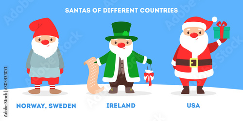 Set of cute funny Santa Claus wearing national costumes © inspiring.team