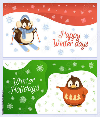 Happy winter holidays vector, set of greeting card with animals. Penguin wearing warm clothes skiing outdoors. Bird in sweater with pine tree print holding cup of hot beverage, coffee or tea