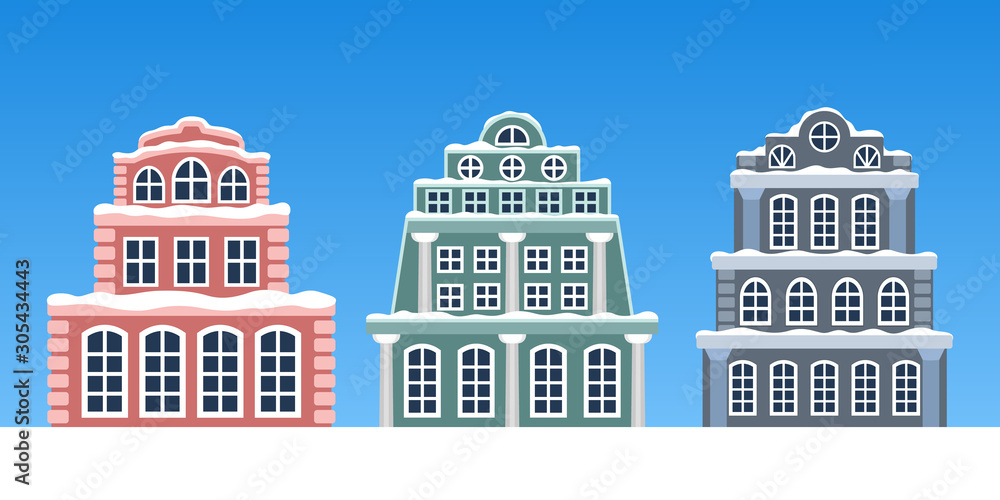 Winter town vector illustration. Big beautiful houses with snow