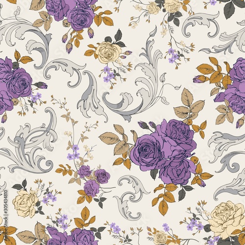 Seamless vector pattern with a bouquet of roses in the rococo style