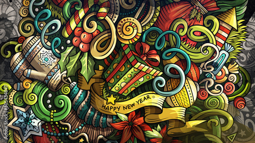 Doodles Happy New Year graphics illustration. Creative Merry Christmas art background.