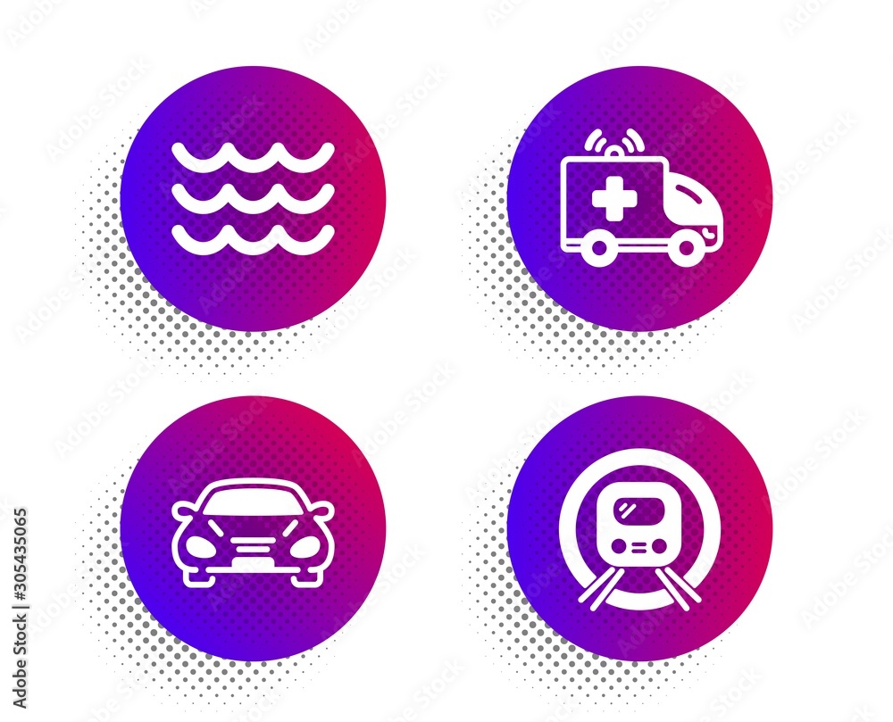 Waves, Ambulance car and Car icons simple set. Halftone dots button. Metro subway sign. Water wave, Emergency transport, Transport. Underground. Transportation set. Classic flat waves icon. Vector Waves, Ambulance car and Car icons simple set. Halftone dots button. Metro subway sign. Water wave, Emergency transport, Transport. Underground. Transportation set. Classic flat waves icon. Vector