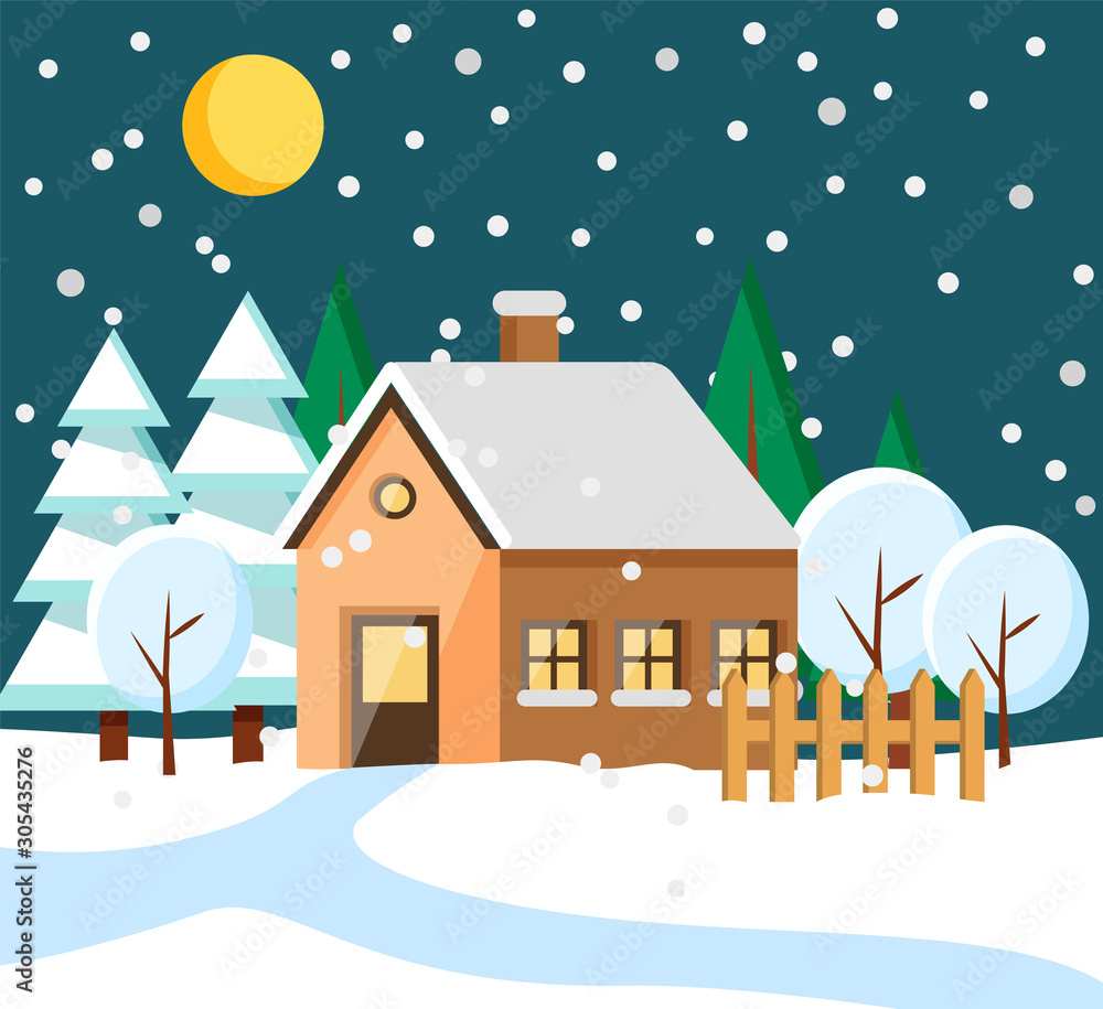 Building with chimney and roof covered with snow. Winter in city or village. Night town with moon at sky and snowfall. Landscape with pine trees and snowy hills estate in countryside flat style vector Building with chimney and roof covered with snow. Winter in city or village. Night town with moon at sky and snowfall. Landscape with pine trees and snowy hills estate in countryside flat style vector