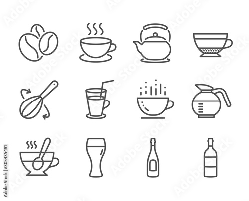 Set of Food and drink icons  such as Coffeepot  Tea cup  Coffee cup  Cocktail  Cooking whisk  Wine bottle  Champagne  Teapot  Dry cappuccino  Beer glass  Coffee beans  Cappuccino. Vector