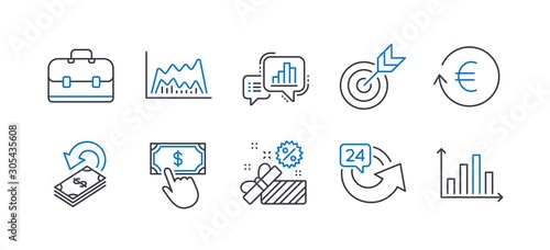 Set of Finance icons, such as Cashback, Sale, 24 hours, Portfolio, Exchange currency, Target, Graph chart, Trade chart, Payment click, Diagram graph line icons. Financial transfer, Gift box. Vector