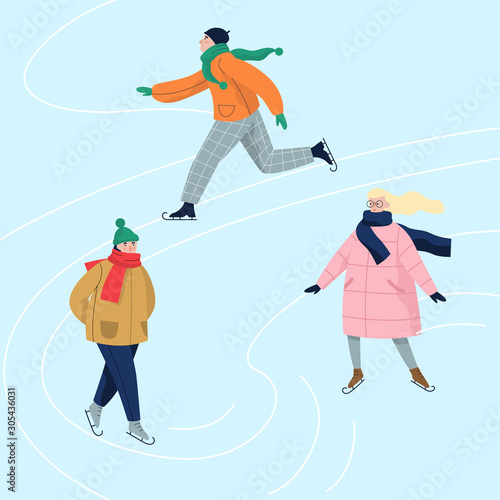 Vector illustration of people ice skating in warm winter clothes