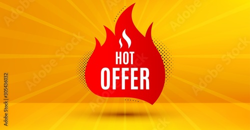 Discount banner shape. Hot offer badge. Coupon tag icon. Abstract yellow background. Modern concept design. Banner with offer badge. Vector