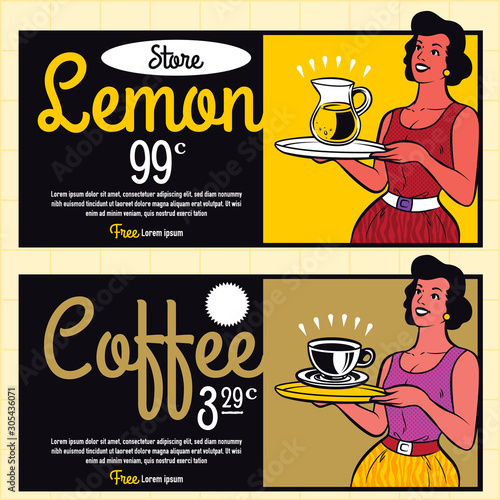 Retro Waitress Serving Drinks Clipart Illustration. Diner waitress banner