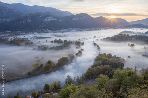 Adda river valley in the fog, Airuno, Lombardy, Italy
