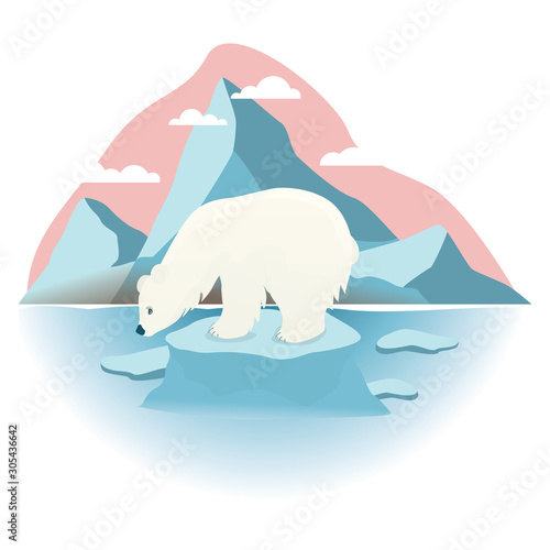 Global warming concept. Polar bear on melting ice