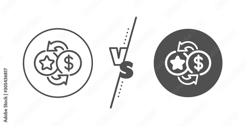 Bonus money. Versus concept. Loyalty points line icon. Discount program symbol. Line vs classic loyalty points icon. Vector