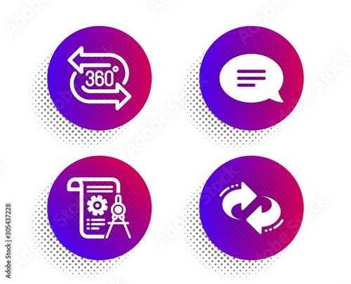 Chat, Divider document and 360 degree icons simple set. Halftone dots button. Refresh sign. Speech bubble, Report file, Virtual reality. Rotation. Business set. Classic flat chat icon. Vector