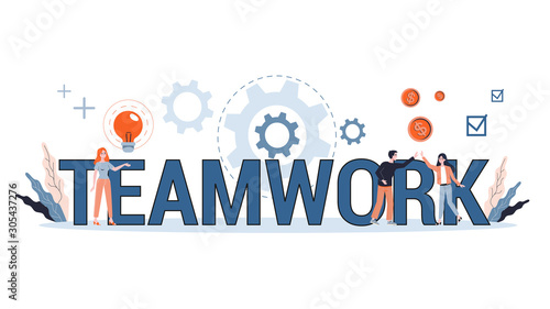 People work together in team banner. Strategy and business planning.