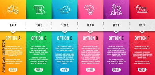 Ab testing, Time management and Credit card line icons set. Infographic timeline. Gears, Fast delivery and Online test signs. Test chart, Idea lightbulb, Atm payment. Work process. Vector