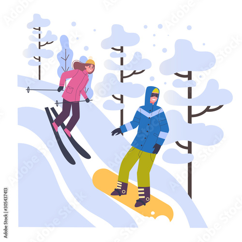 People in warm clothes doing winter activities