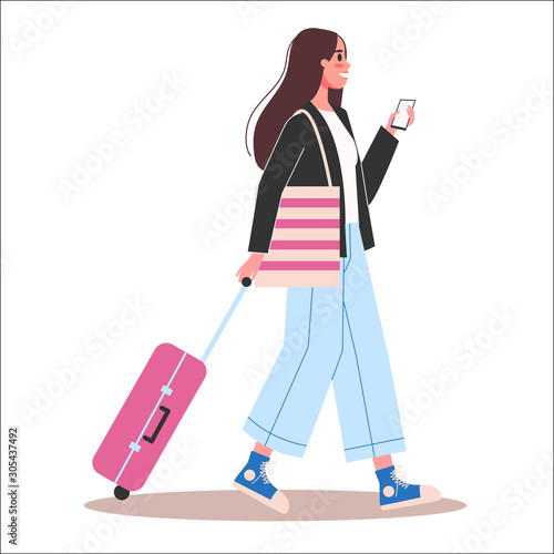 Vector illustration set of tourist with laggage and handbag.