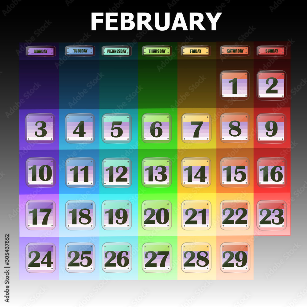 Colorful calendar for February 2020 in english Set of buttons with Colorful calendar for February 2020 in english Set of buttons with