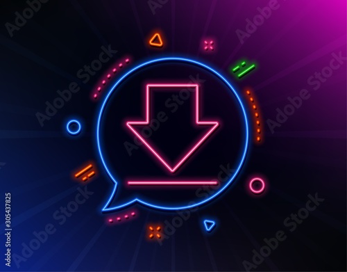 Download line icon. Neon laser lights. Internet Downloading sign. Load file symbol. Glow laser speech bubble. Neon lights chat bubble. Banner badge with downloading icon. Vector