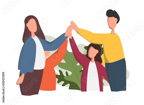 Young people or family giving five isolated on white background. Cheerful friends and colleagues. Personal relationships, leisure time, positive emotions. Social communication concept. Vector flat