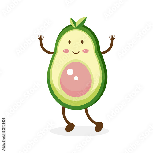 Funny happy smiling avocado. Vector flat. Isolated on white background. The concept of a healthy lifestyle. Cute exotic fruit. Kawaii cartoon character.