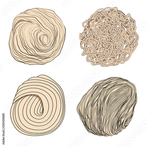 Japanese ramen noodles vector set of four types - round, flat, wavy, rectangular, thin, medium and thick. Stock illustration isolated on white background, sketch in the doodle style of hand drawing.