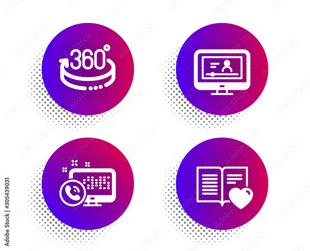 Online video, 360 degrees and Web call icons simple set. Halftone dots button. Love book sign. Video exam, Full rotation, Phone support. Customer feedback. Technology set. Vector Online video, 360 degrees and Web call icons simple set. Halftone dots button. Love book sign. Video exam, Full rotation, Phone support. Customer feedback. Technology set. Vector