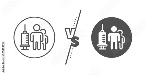 Medicine vaccine sign. Versus concept. Medical vaccination line icon. Pharmacy medication symbol. Line vs classic medical vaccination icon. Vector