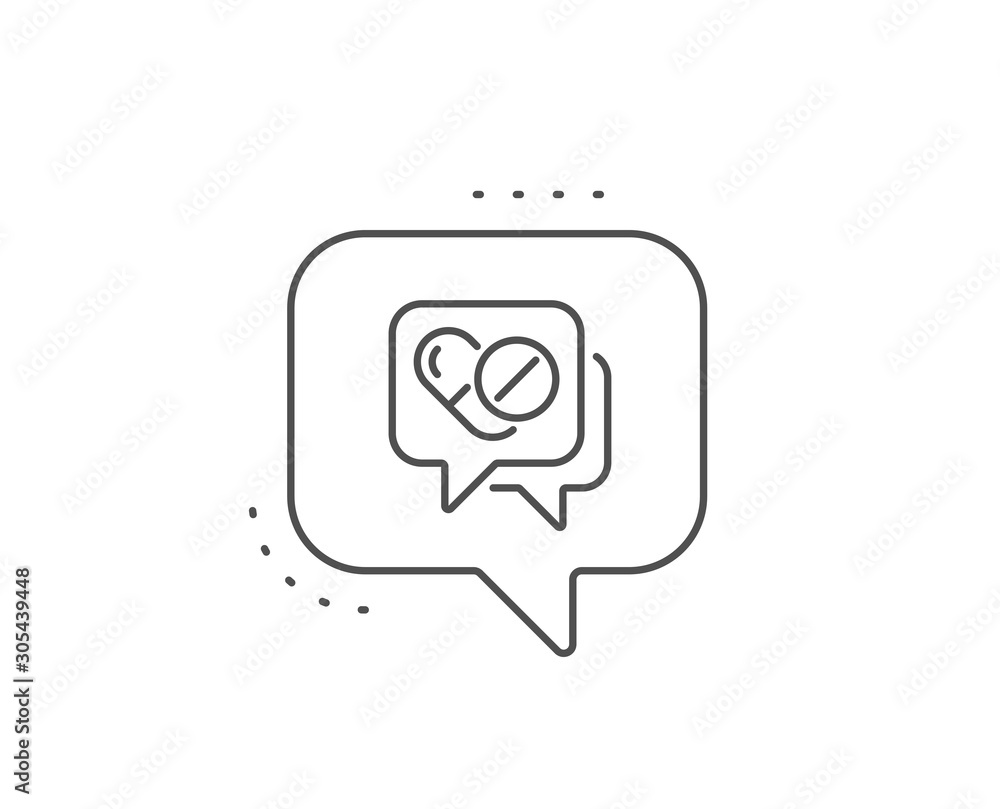 Medical drugs line icon. Chat bubble design. Medicine pills sign. Pharmacy medication symbol. Outline concept. Thin line medical drugs icon. Vector Medical drugs line icon. Chat bubble design. Medicine pills sign. Pharmacy medication symbol. Outline concept. Thin line medical drugs icon. Vector