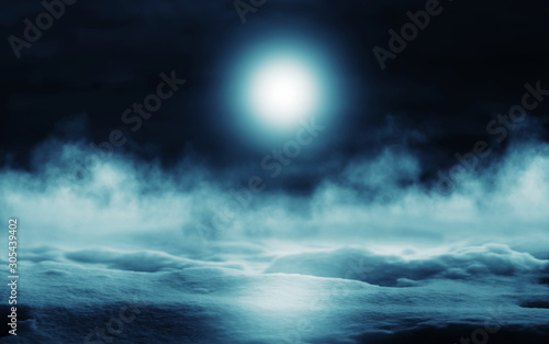 Background of dark night winter forest. Moonlight in the night forest