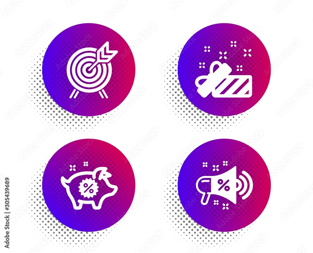 Archery, Present and Piggy sale icons simple set. Halftone dots button. Sale megaphone sign. Attraction park, Gift, Discounts. Shopping. Holidays set. Classic flat archery icon. Vector