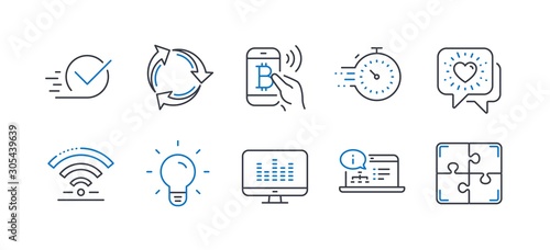 Set of Technology icons, such as Wifi, Online documentation, Recycle, Music making, Friends chat, Timer, Checkbox, Bitcoin pay, Light bulb, Puzzle line icons. Line wifi icon. Vector