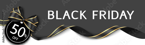  Black friday sale design template. Banner with decorative black bow and long ribbon. Vector illustration